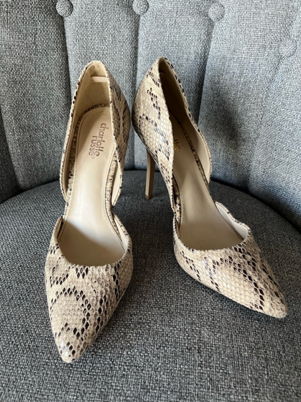 Charlotte Russe Snake-Print D'Orsay Pointed-Toe Pumps in Beige